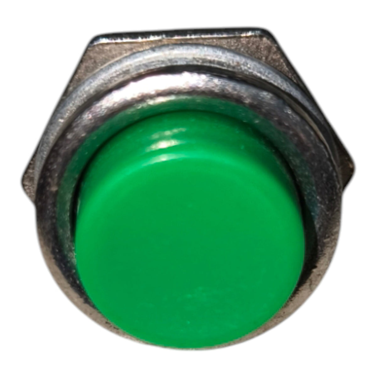 A close-up of a green push-button with a silver metal hexagonal housing, isolated on a white background.
