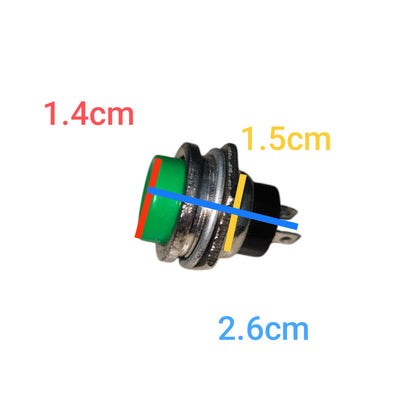 A small cylindrical push-button switch with a green front, red stripe, black base, and silver metal housing, shown on a white background with red, yellow, and blue dimension labels reading 1.4cm, 1.
