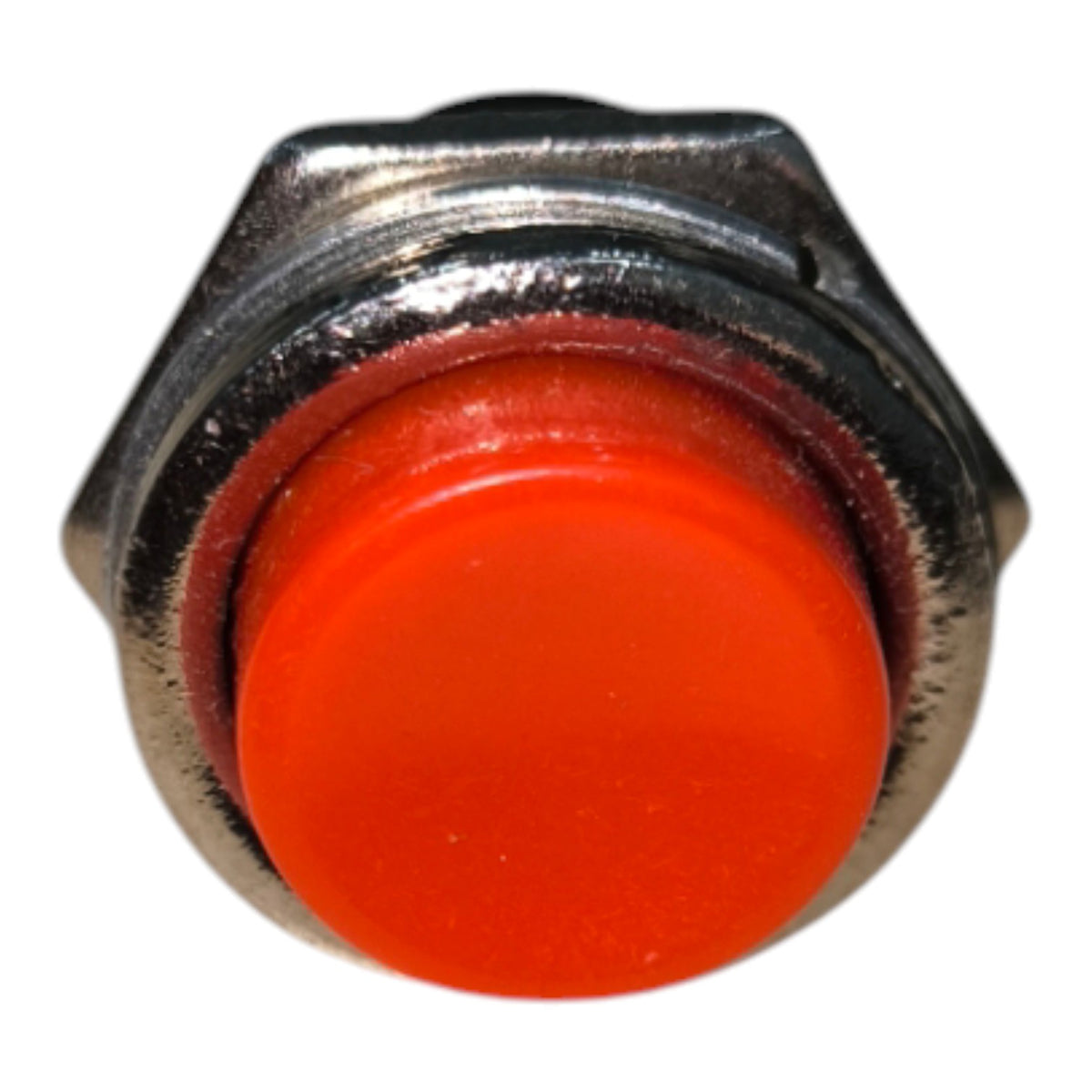 A close-up of a metal push-button switch with a bright orange-red circular button and a silver-toned hexagonal housing, isolated on a white background.