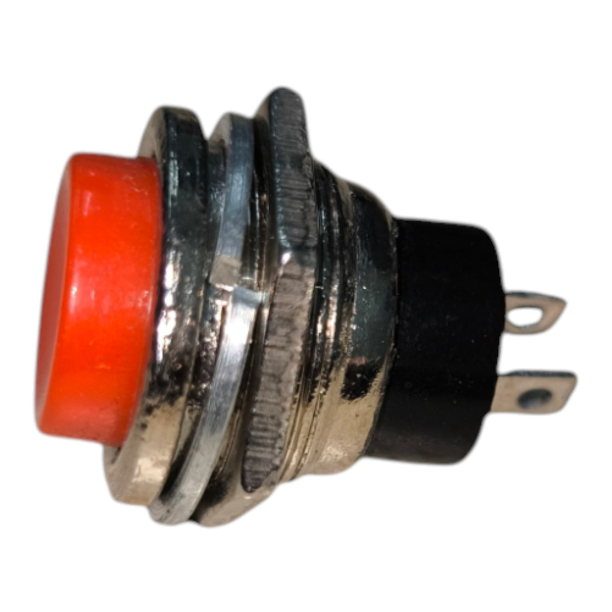 An industrial push-button switch with a red plastic button, a silver metal threaded housing, and a black plastic terminal base with two metal pins.