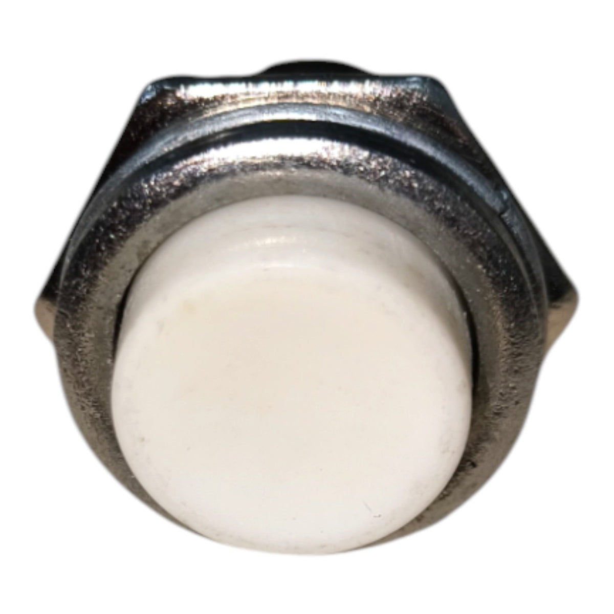A close-up of a round white push-button with a silver metal hex nut base, isolated on a white background.