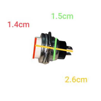 A small cylindrical metal switch or connector component on a white background, with colored measurement lines and text showing dimensions of 1.4cm, 1.