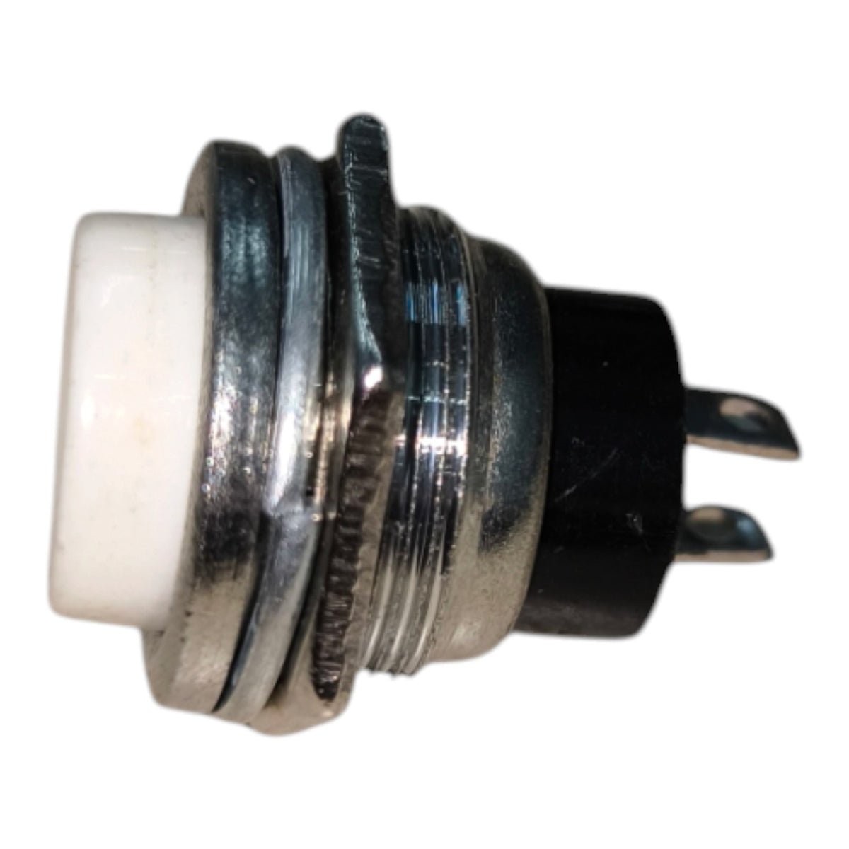 A small metal and plastic electrical push-button switch with a white cylindrical button head, silver-toned threaded housing, and a black terminal base with two pins, shown on a plain white background.