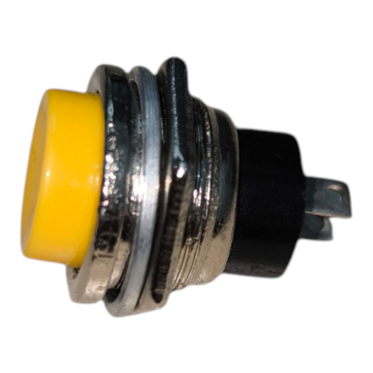 A small industrial push-button switch with a bright yellow plastic face, a silver metal threaded housing, and a black plastic base with two metal terminal posts, shown on a plain white background.