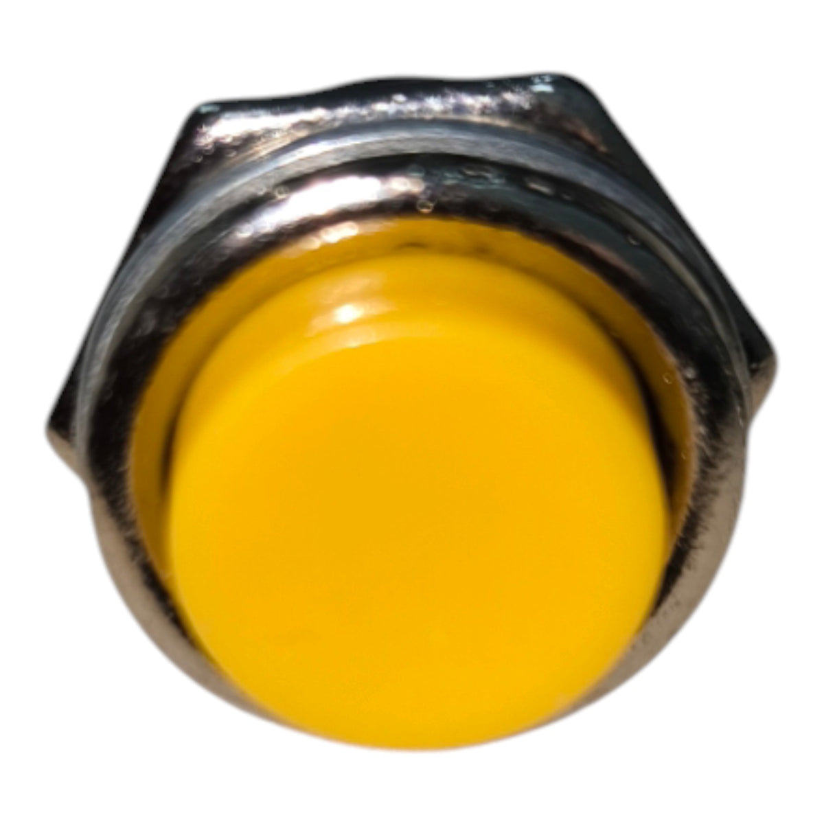 A close-up of a hexagonal industrial push-button with a bright yellow center and a silver metal housing, isolated on a white background.