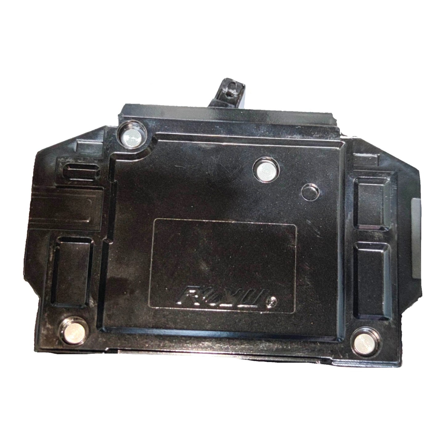 A black plastic automotive electronic module, likely a door jammer or latch actuator, photographed from the back against a white background.