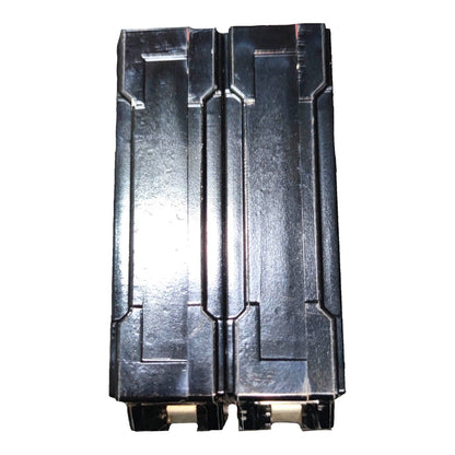 A pair of black metal magazine clips or magazine end caps with a textured metallic finish, shown against a plain white background.