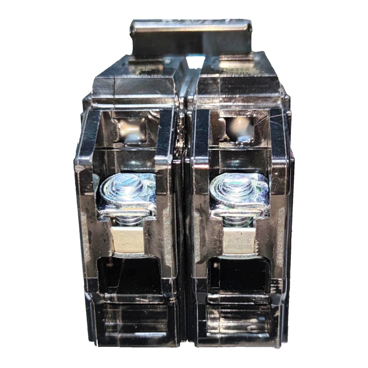 Two black plastic automotive light housings with clear lenses and silver metal contacts, shown side-by-side on a white background.