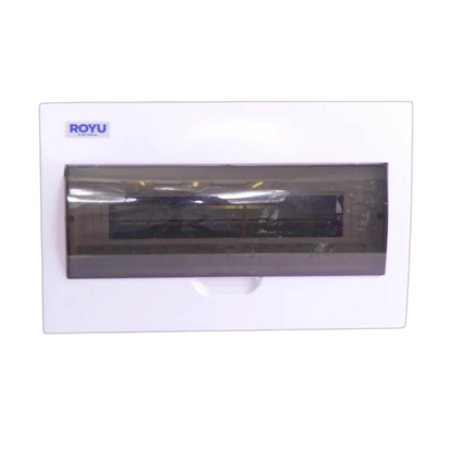 A white ROYU electrical distribution board cover with a transparent front window, shown on a plain white background.