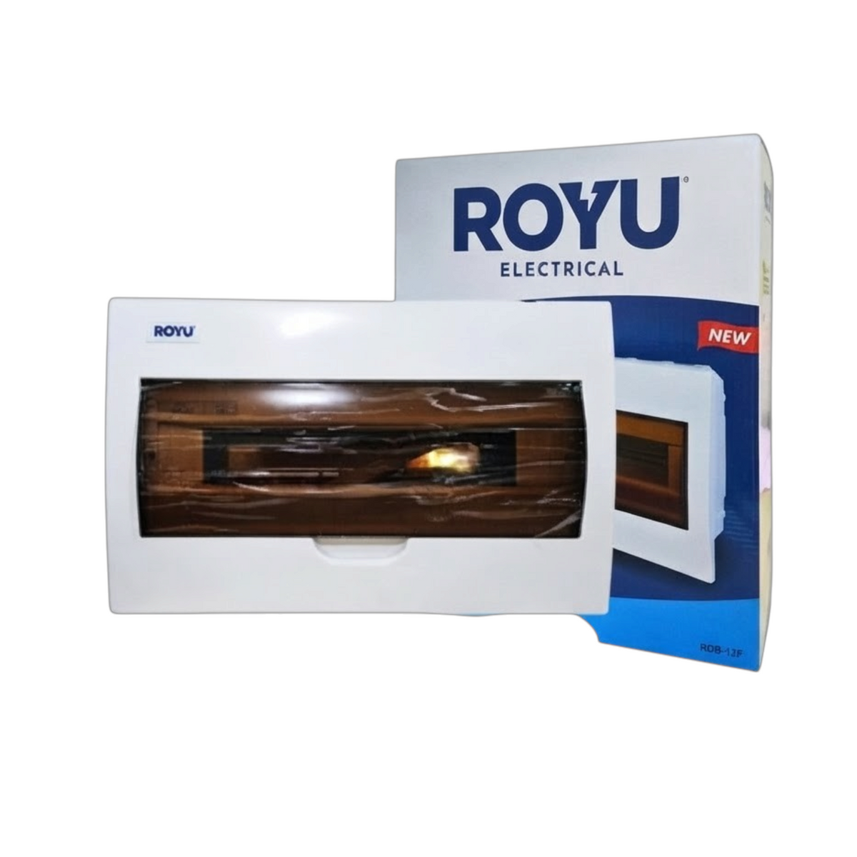 A white ROYU electrical switchboard enclosure with a transparent window showing a wooden panel inside, positioned in front of its blue and white retail packaging box on a white background.