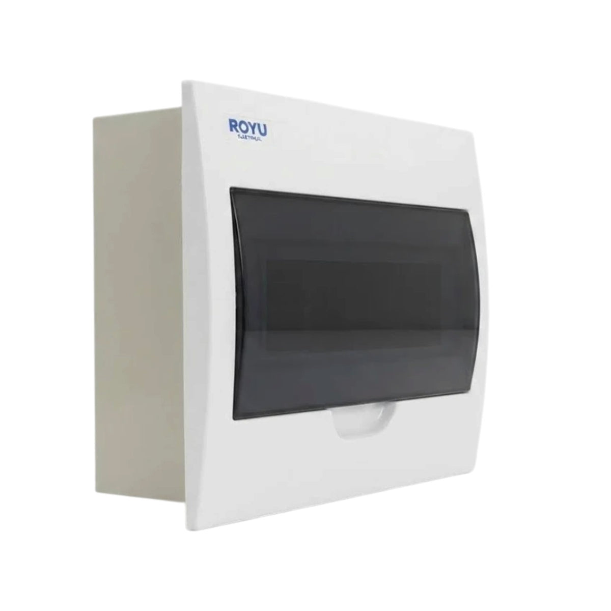 A white ROYU electrical distribution board cover with a dark gray front window, shown at a three-quarter angle on a plain white background.