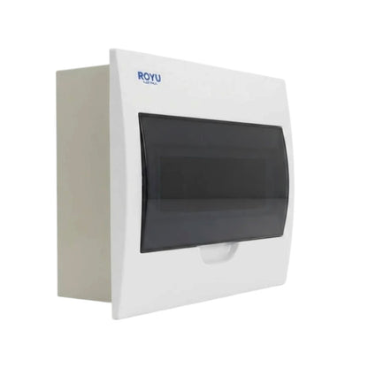 A white ROYU electrical distribution board cover with a dark gray front window, shown at a three-quarter angle on a plain white background.