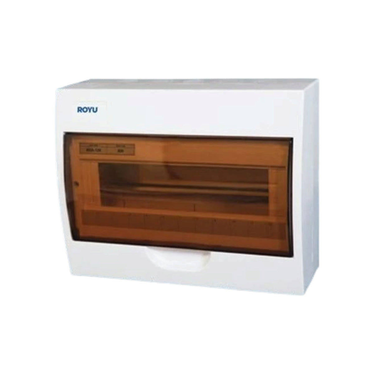 A white ROYU electrical compartment box with a transparent amber-brown front window, shown on a plain white background.