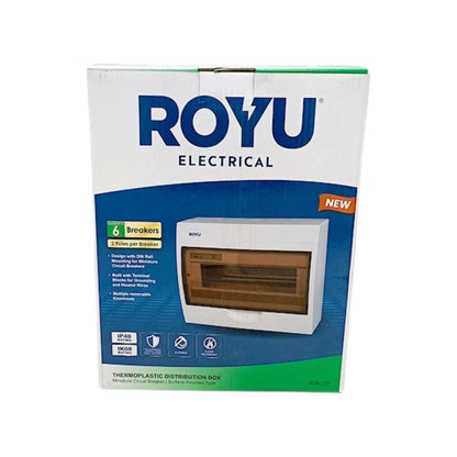 ROYU Electrical brand product packaging box for a 6-breaker thermoplastic distribution box, featuring a white and blue design with a photo of the product on the front.