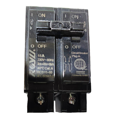 A black double-pole circuit breaker plug-in with white printed technical specifications and labels, shown against a plain white background.
