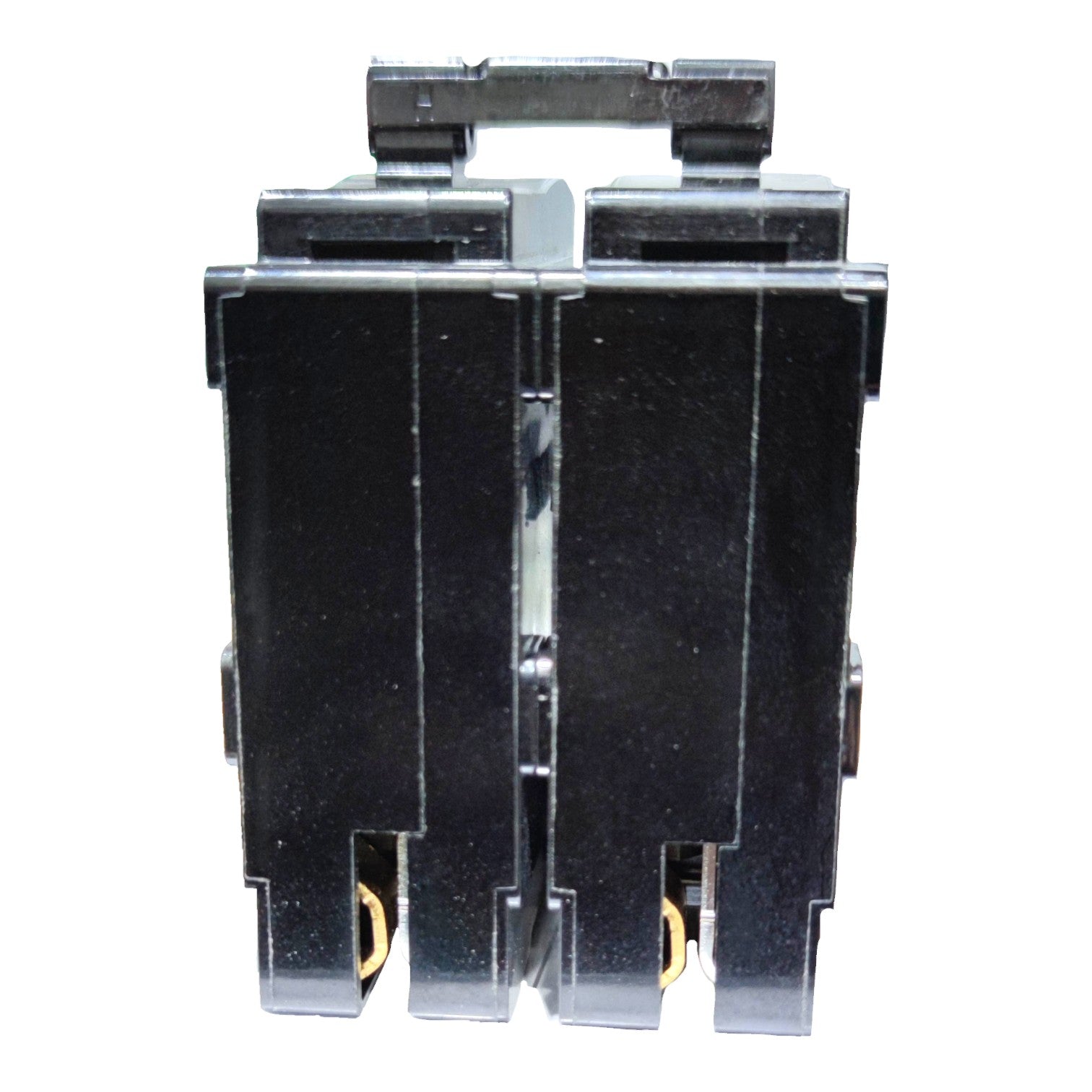 A black plastic double-gang electrical switch module with gold-colored screw terminals, shown against a plain white background.