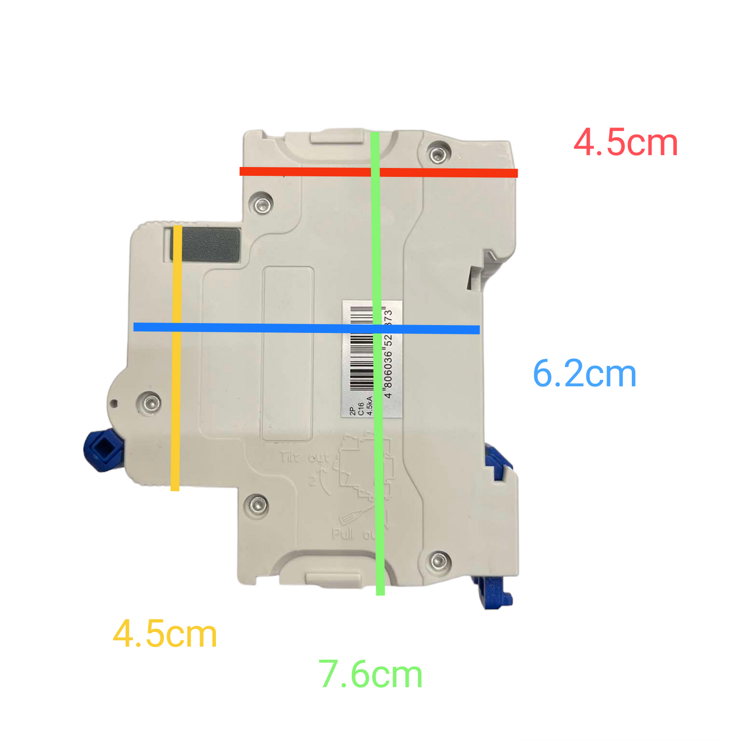 Royu 16A 2 Pole Miniature Circuit Breaker with labeled dimensions for electrical circuitry parts