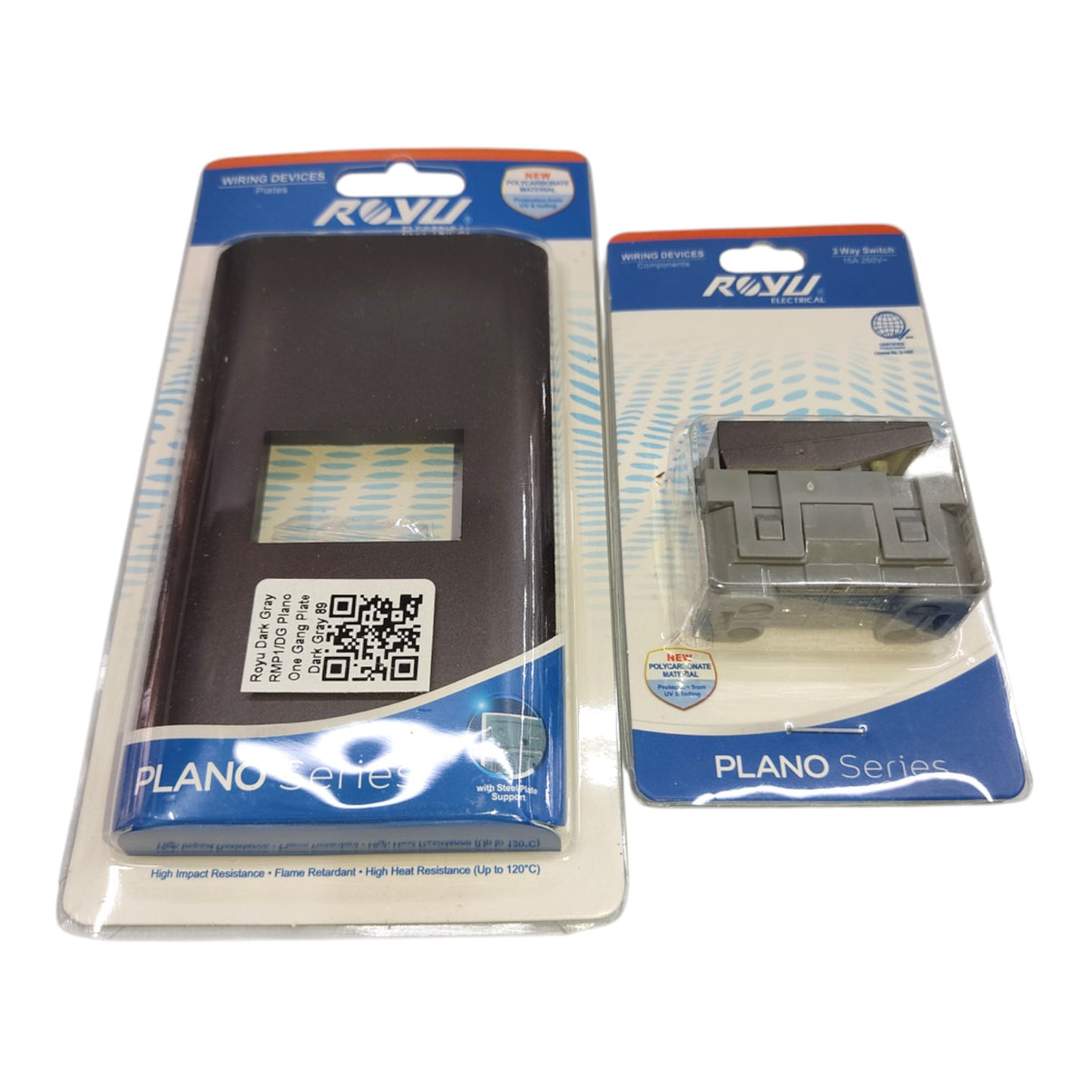 Two packaged electronic components on a white background: a larger black rectangular device in blister packaging labeled ROYU PLANO Series, and a smaller gray connector or module in its own blister package.