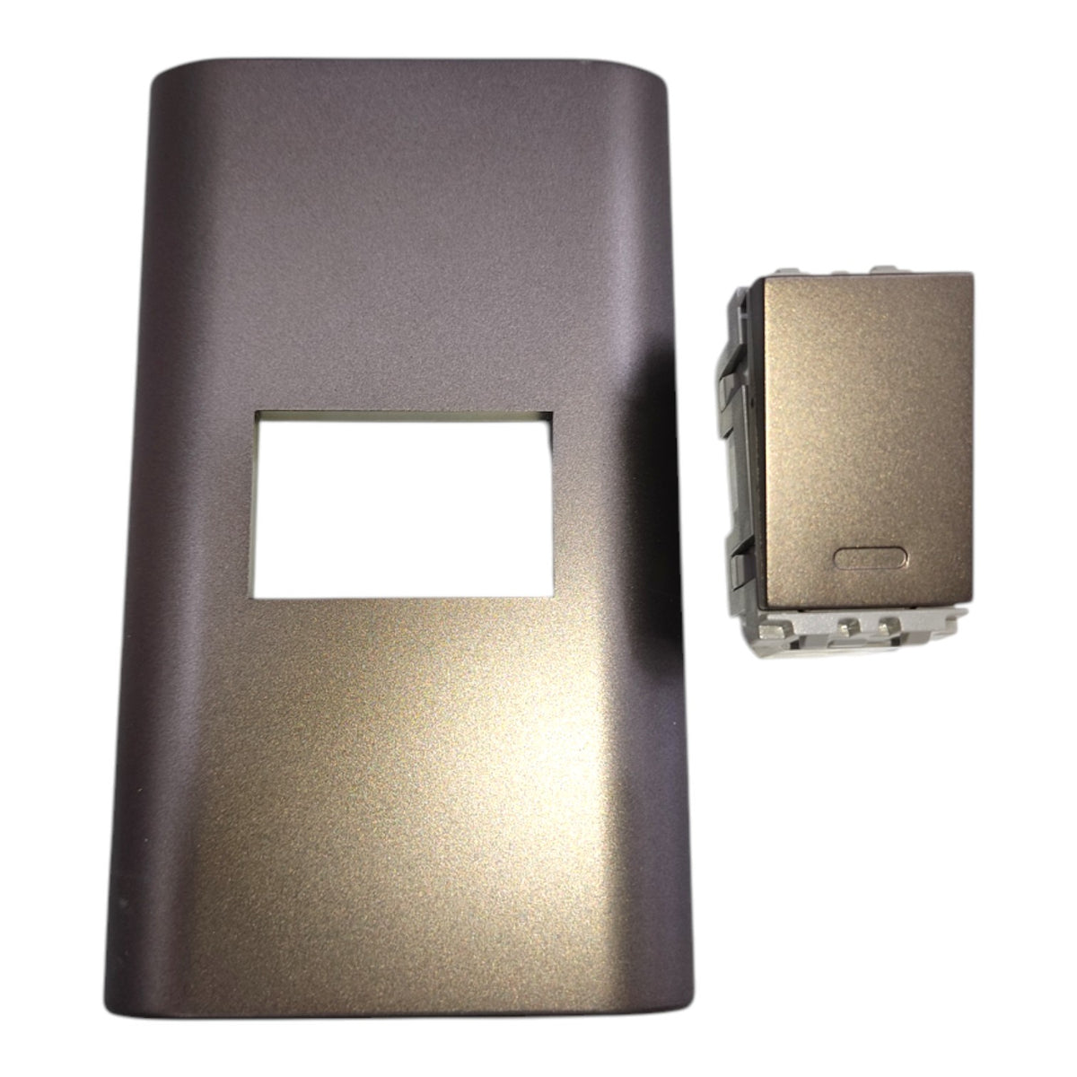 A dark metallic bronze replacement faceplate cover with a rectangular cutout, shown next to its corresponding mounting bracket on a white background.