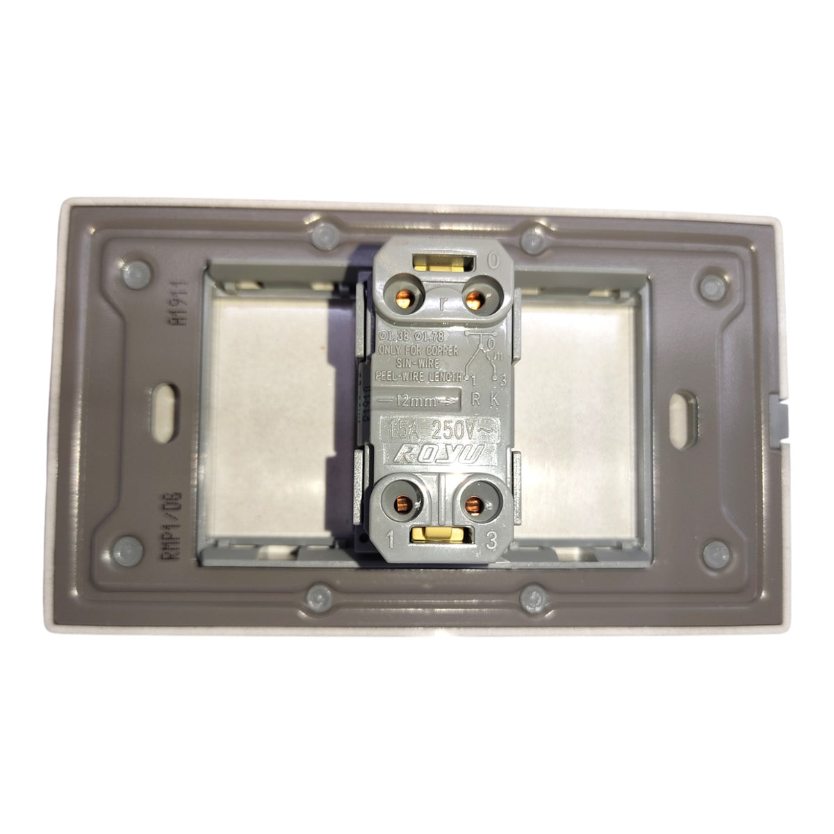 A 3-pin electrical socket outlet backplate with a central terminal block, featuring screw terminals and a 250V rating, shown on a plain white background.