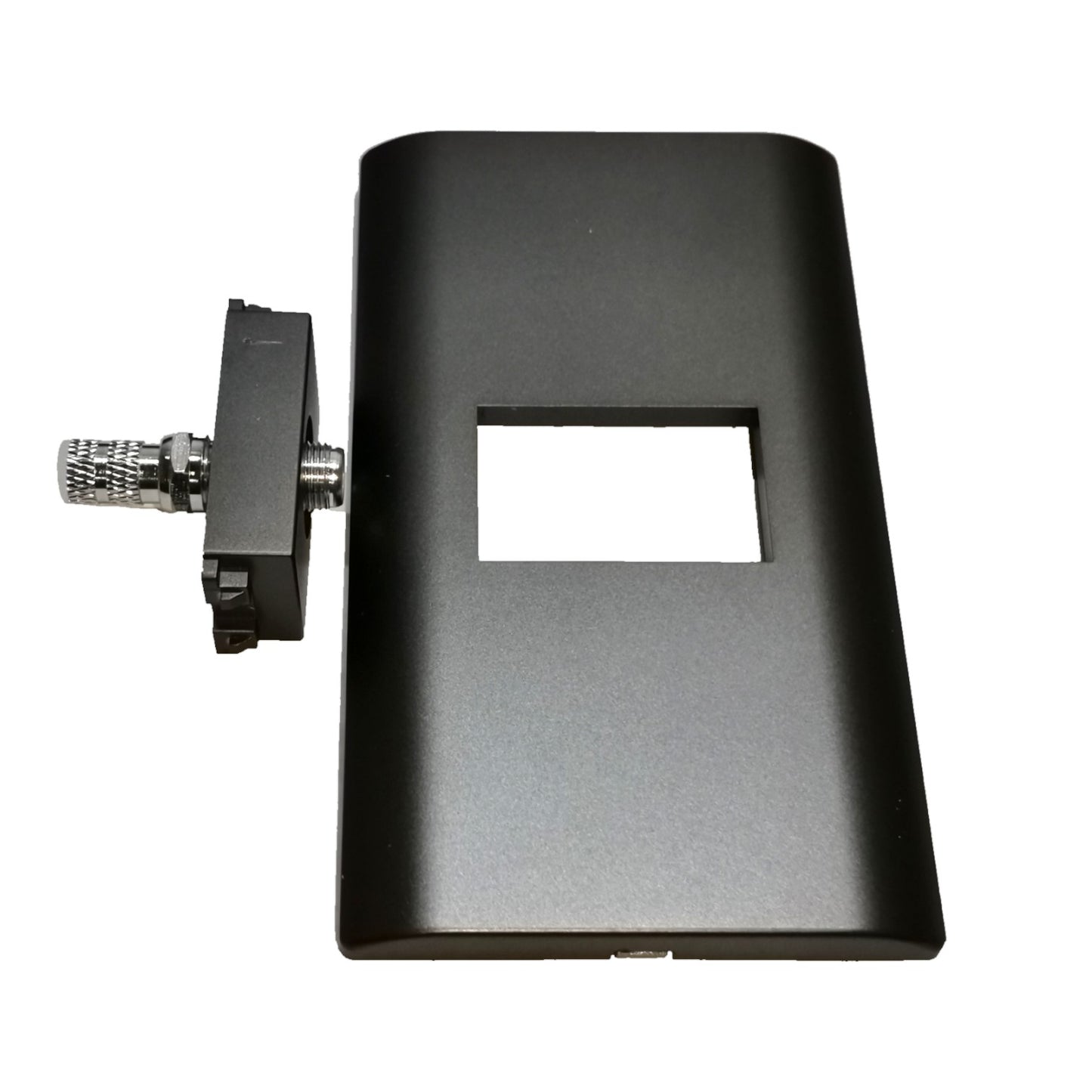 A black rectangular electronic enclosure or panel with a square cutout, shown next to a small black mounting bracket with a silver threaded connector, on a plain white background.