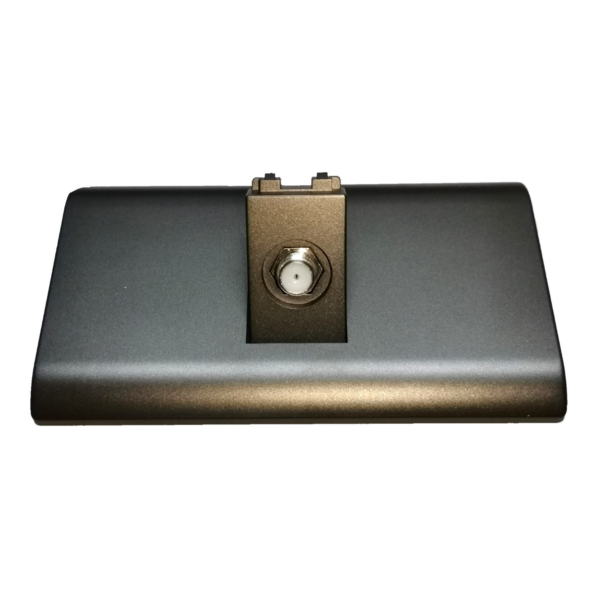 A dark gray rectangular electronic device with a central metallic gold-toned connector, shown against a plain white background.