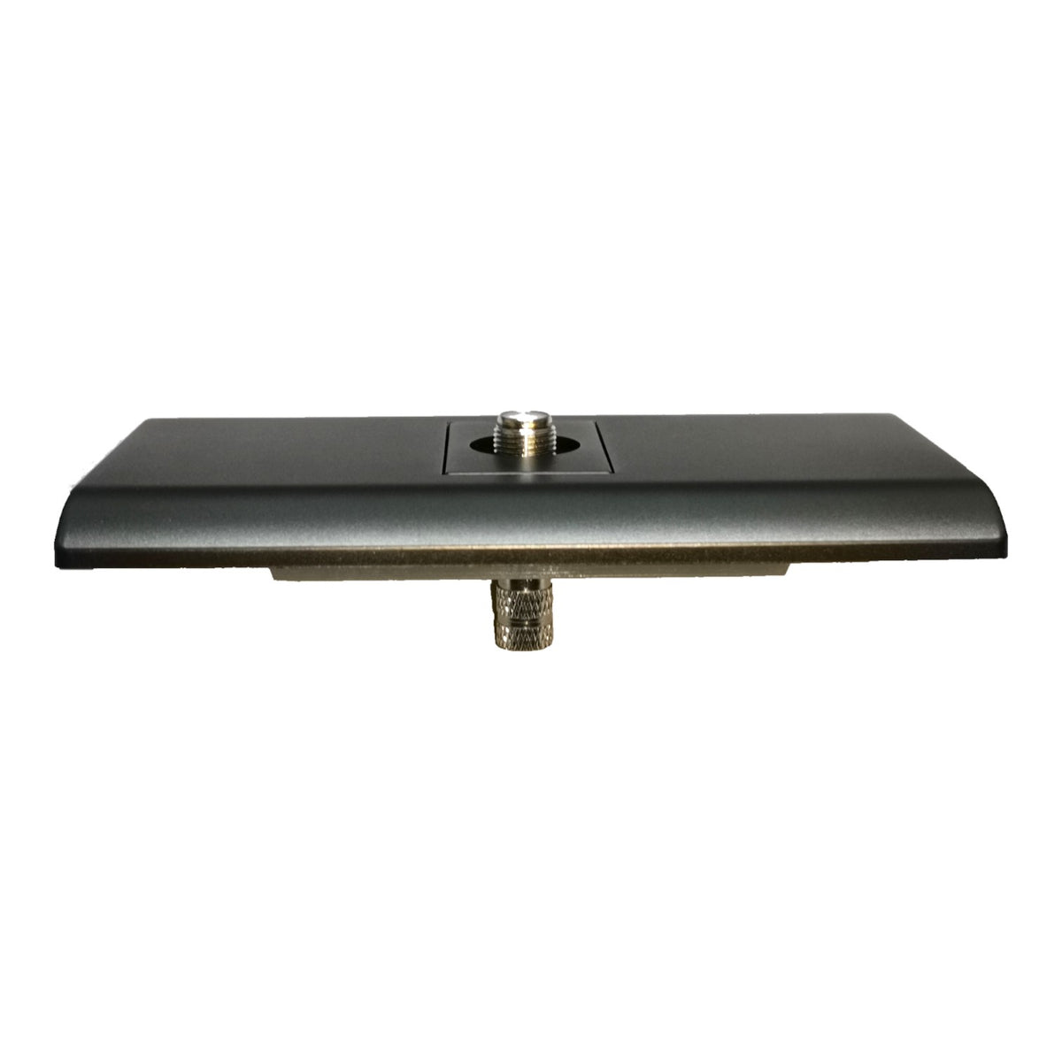 A rectangular black metal mounting plate with a central screw terminal and a vertical connector pin, shown against a plain white background.