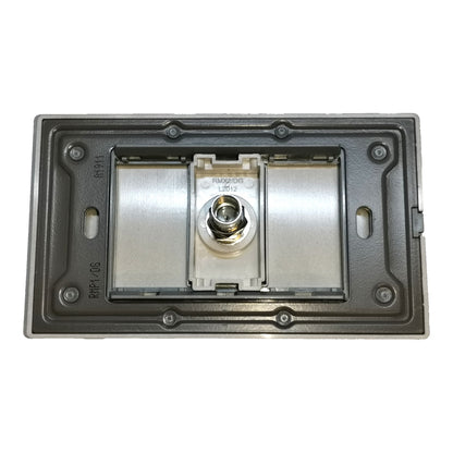 An RF connector plate with a central SMA male connector, featuring a silver metallic center section, a white plastic insulator, and a dark gray outer frame.