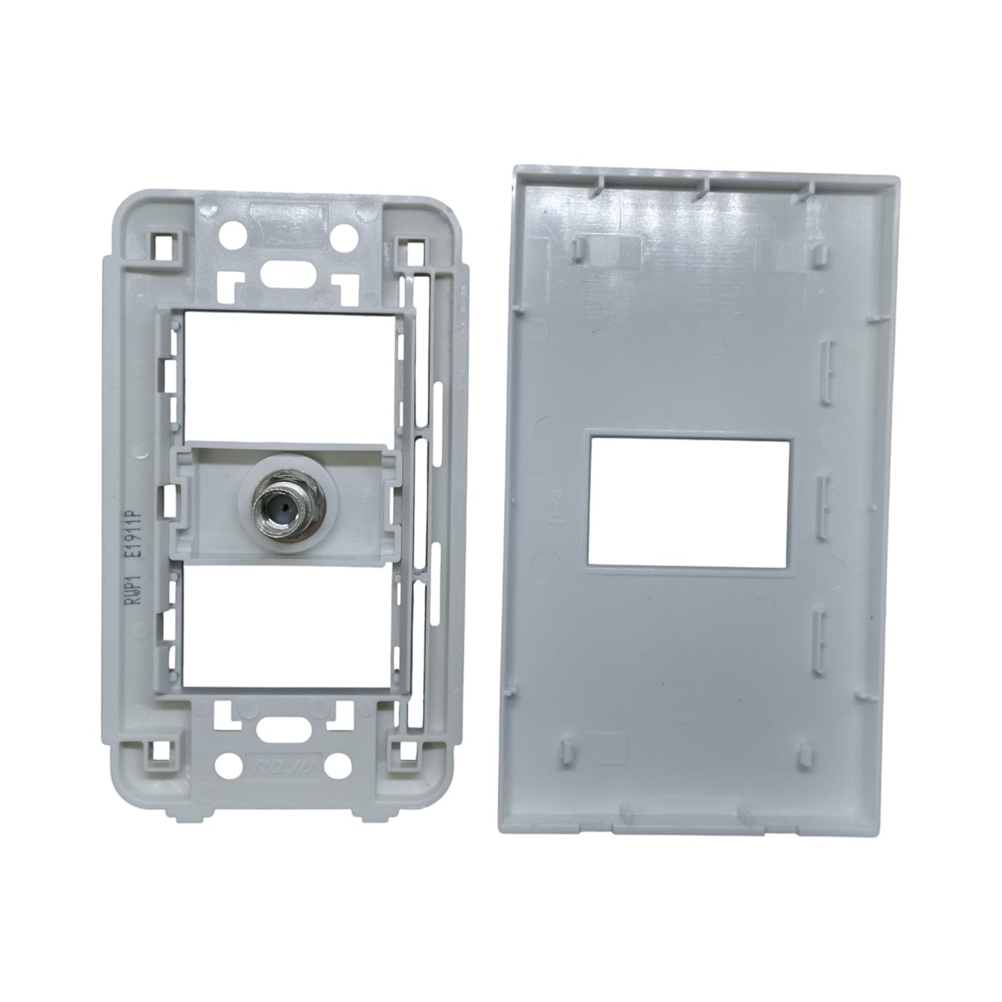 A pair of light switch wall plates in a light gray plastic finish, shown on a plain white background. One plate is shown from the front with a screw terminal, and the other is shown from the back with a cutout.