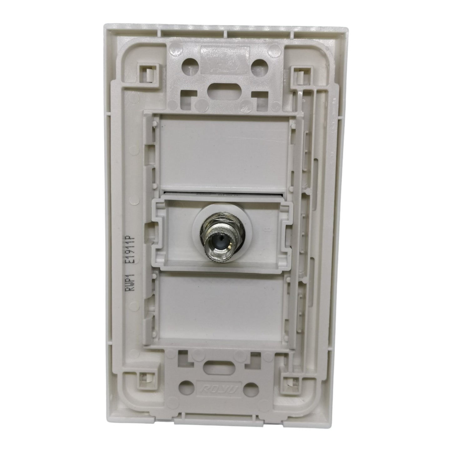 An off-white plastic electrical outlet backplate with a central metal screw terminal, photographed against a solid white background.