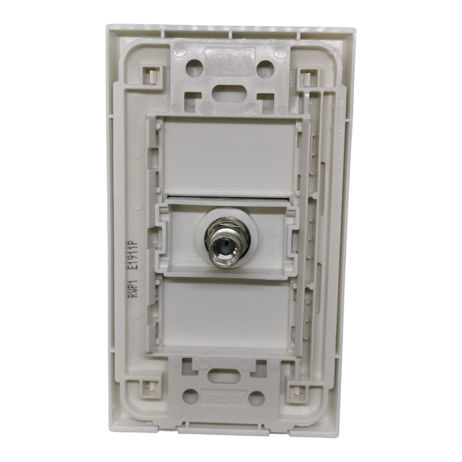 An off-white plastic electrical outlet backplate with a central metal screw terminal, photographed against a solid white background.