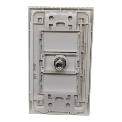 An off-white plastic electrical outlet backplate with a central metal screw terminal, photographed against a solid white background.