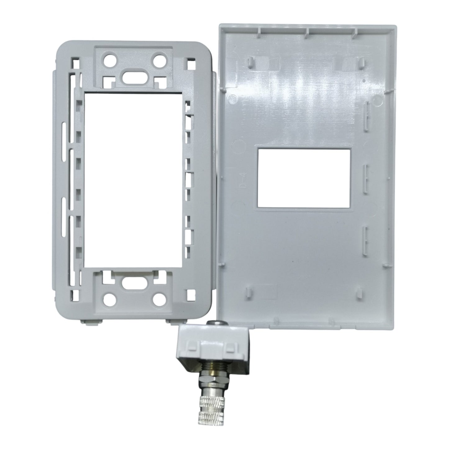 A light gray plastic electrical outlet or switch faceplate kit, showing the front plate with mounting holes, the back plate, and a connector at the bottom, isolated on a white background.