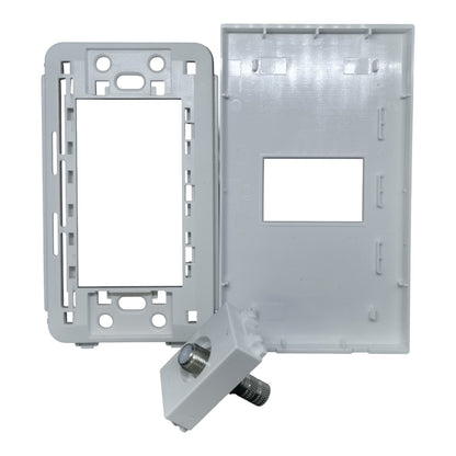 A light gray plastic electrical outlet or switch plate frame kit, showing the front mounting plate, back panel, and a mounting bracket with a screw on a white background.
