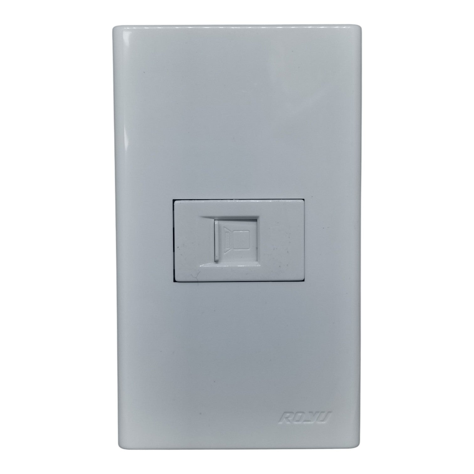 A white RJ45 network jack faceplate by ROXY, shown against a plain white background.