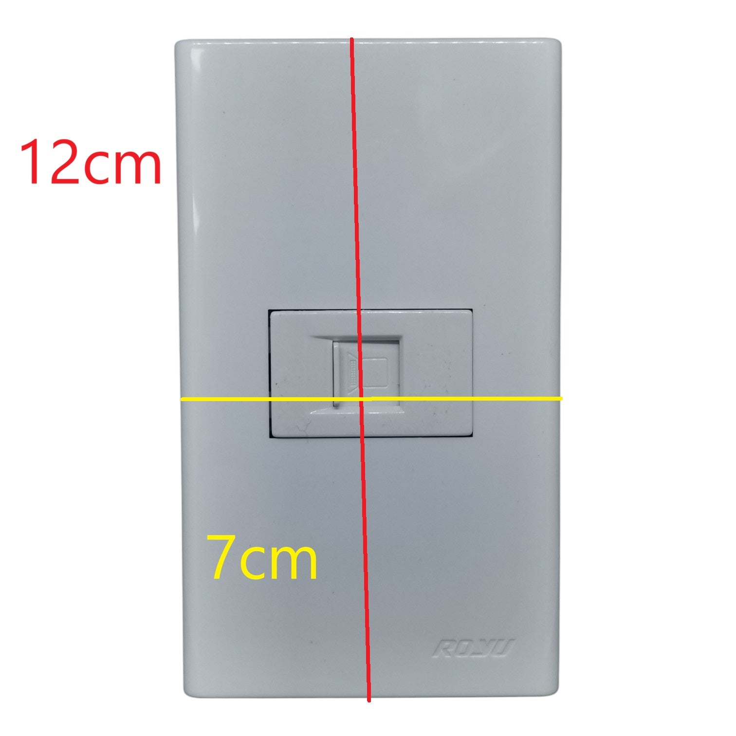 A white RJ45 wall jack with dimension markings showing 12cm height, 7cm width, and a vertical red measurement line, on a plain white background.