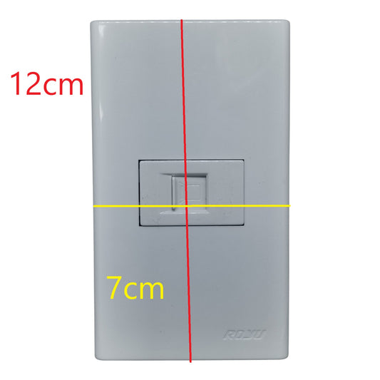A white RJ45 wall jack with dimension markings showing 12cm height, 7cm width, and a vertical red measurement line, on a plain white background.