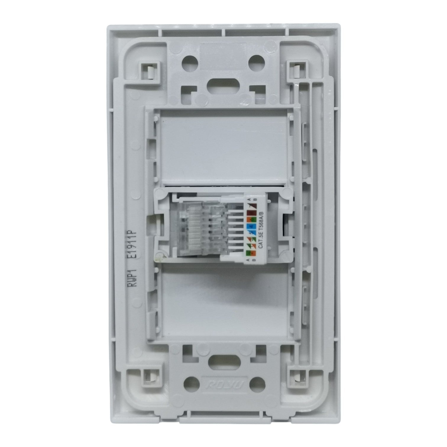 A white plastic RJ45 network module inside a matching white wall switch plate backplate, shown against a plain white background.