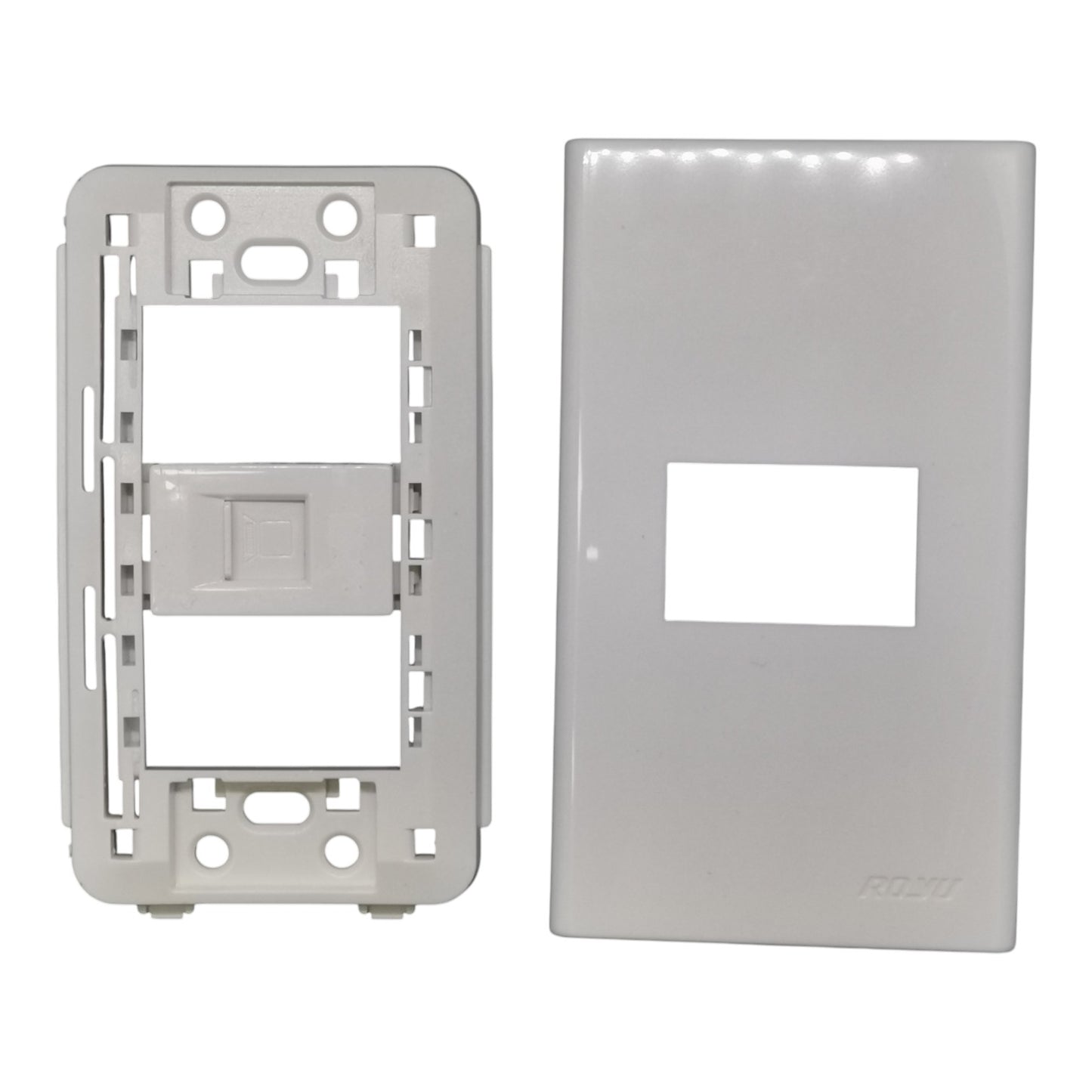 A white plastic modular wall outlet cover plate kit showing both the backplate and the mounting frame, photographed against a solid white background.