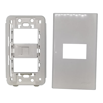 A white plastic modular wall outlet cover plate kit showing both the backplate and the mounting frame, photographed against a solid white background.