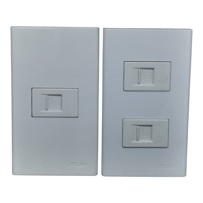 Two white RJ45 network wall outlets, one single-port and one double-port, shown side-by-side on a white background.