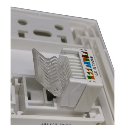White RJ45 network module with a clear plastic cover and a color-coded port label showing Ethernet pin assignments, photographed close-up against a white background.