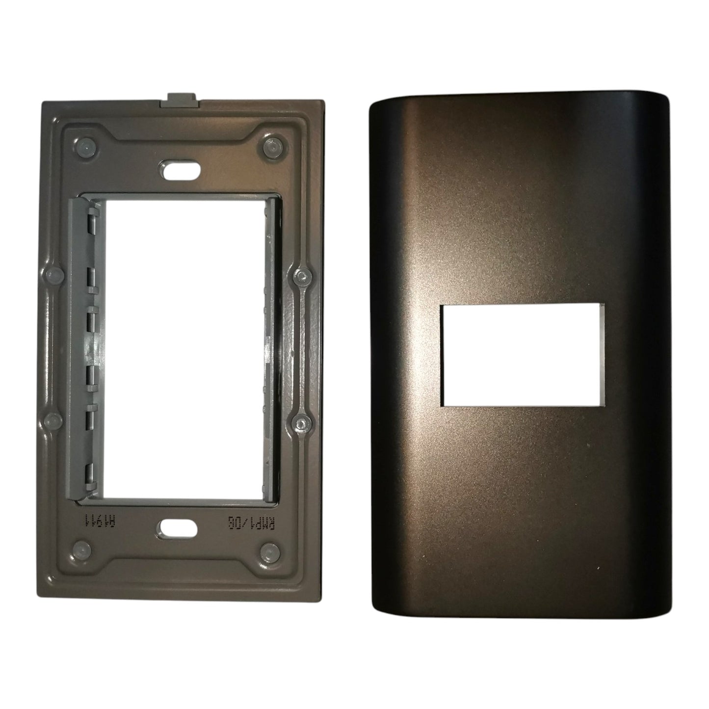 A dual-gang electrical outlet cover plate set in a dark metallic bronze finish, showing the backplate on the left and the front faceplate on the right against a white background.