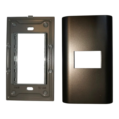 A dual-gang electrical outlet cover plate set in a dark metallic bronze finish, showing the backplate on the left and the front faceplate on the right against a white background.