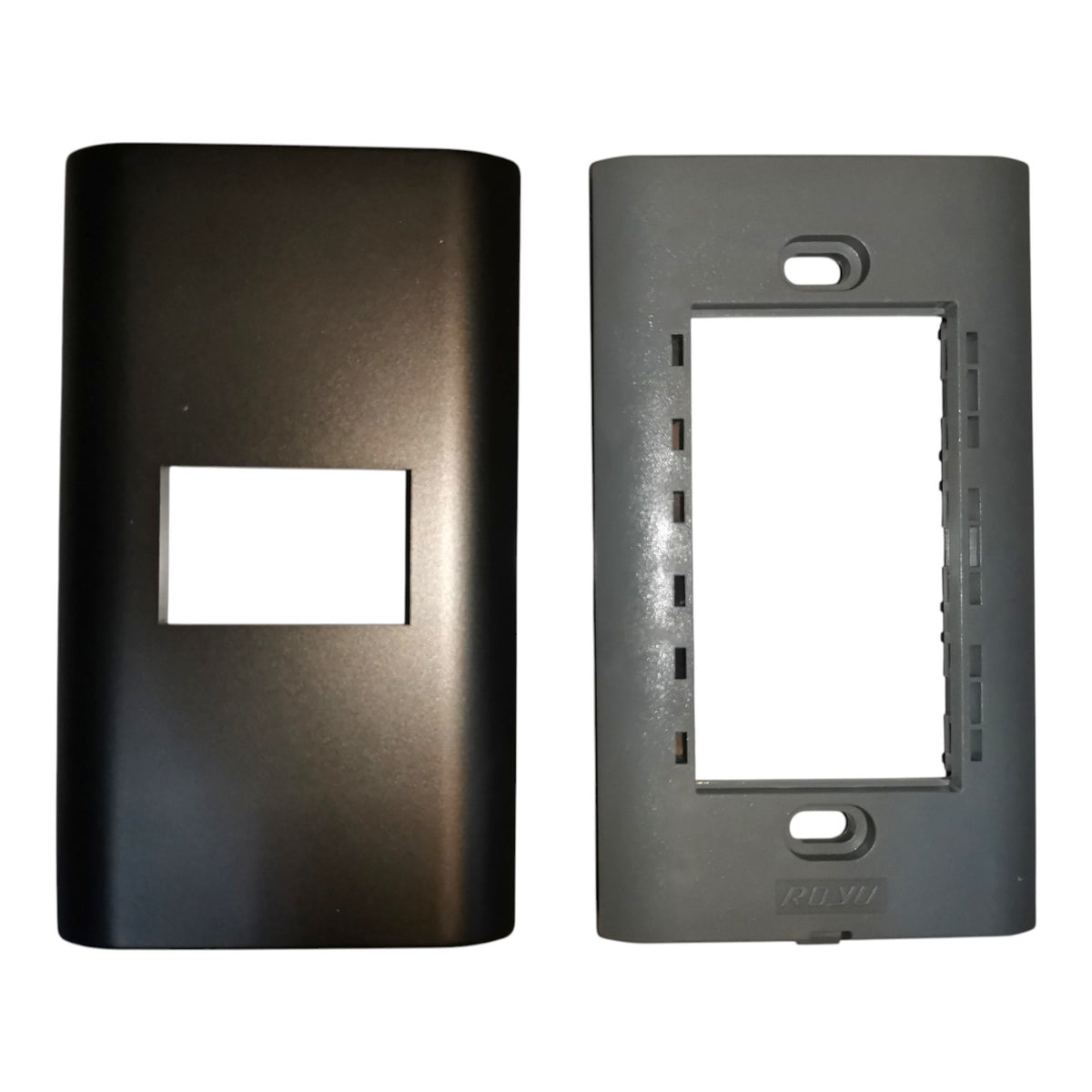 Two replacement electronic device faceplates shown side-by-side against a white background. The left plate has a dark metallic black finish, and the right plate has a matte gray finish.