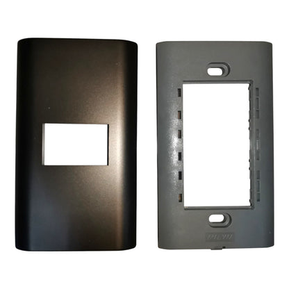 Two replacement electronic device faceplates shown side-by-side against a white background. The left plate has a dark metallic black finish, and the right plate has a matte gray finish.
