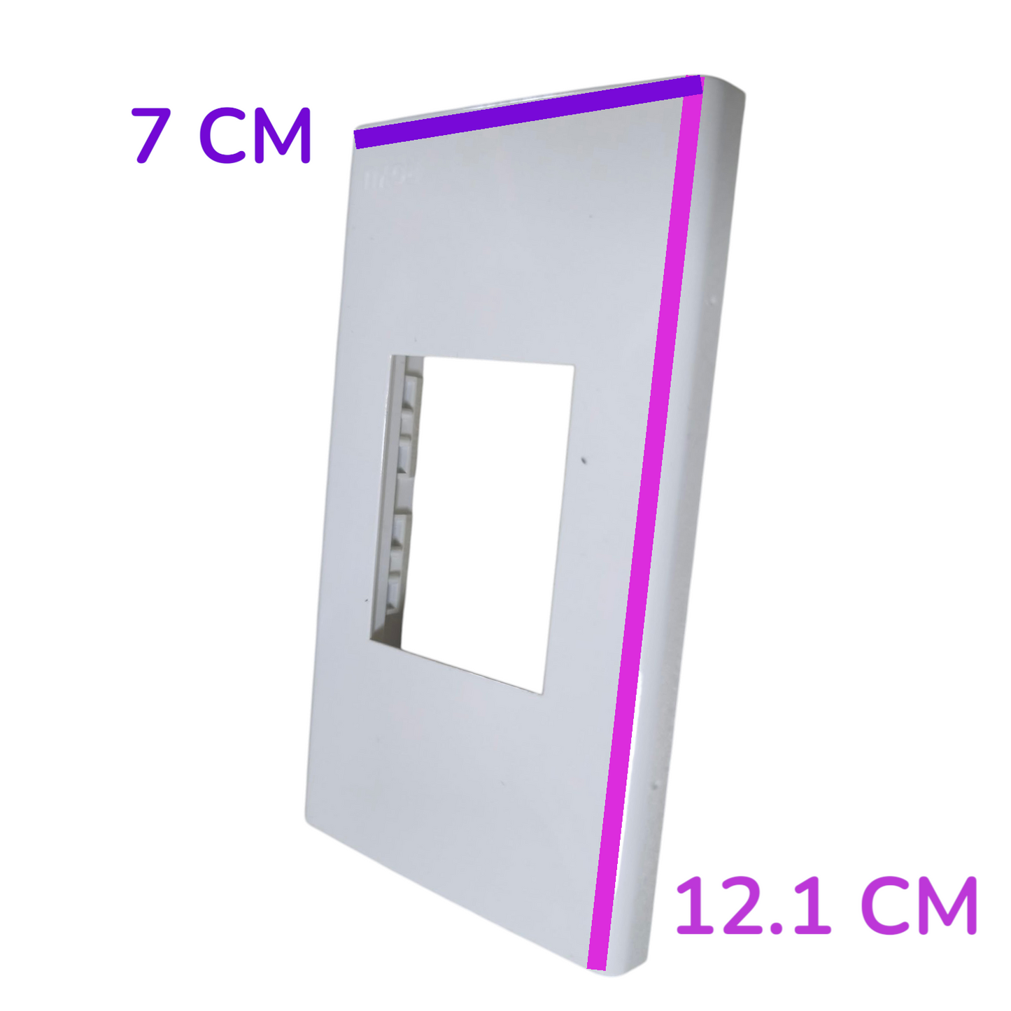 A white rectangular wall plate or faceplate with a central cutout, shown at an angle on a white background with purple dimension labels reading 7 CM and 12.1 CM.