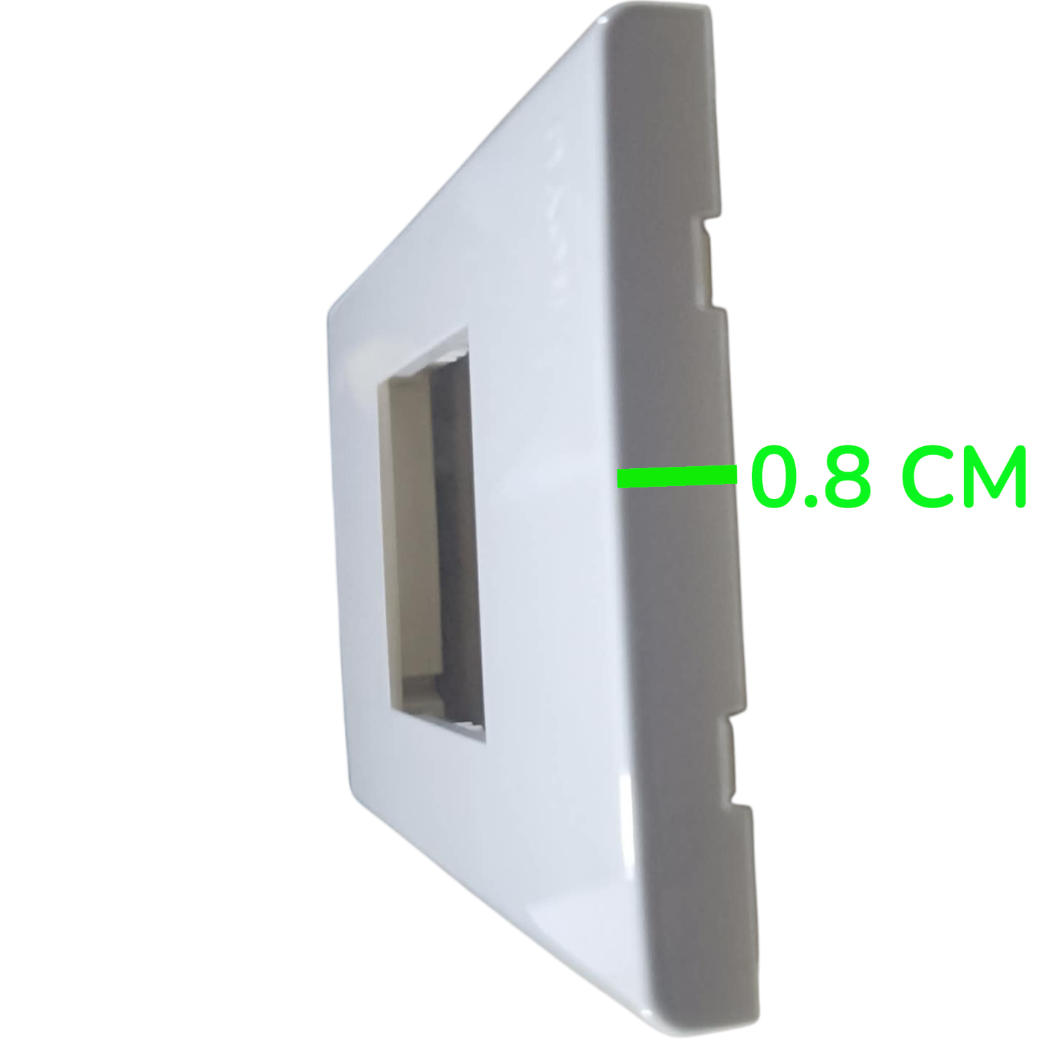 A white square wall switch plate shown at an angle with a green measurement overlay indicating a thickness of 0.8 cm.