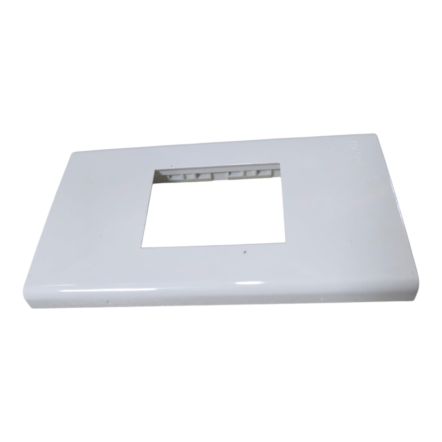 A glossy white rectangular plastic cover plate with a square cutout in the center, shown on a plain white background.
