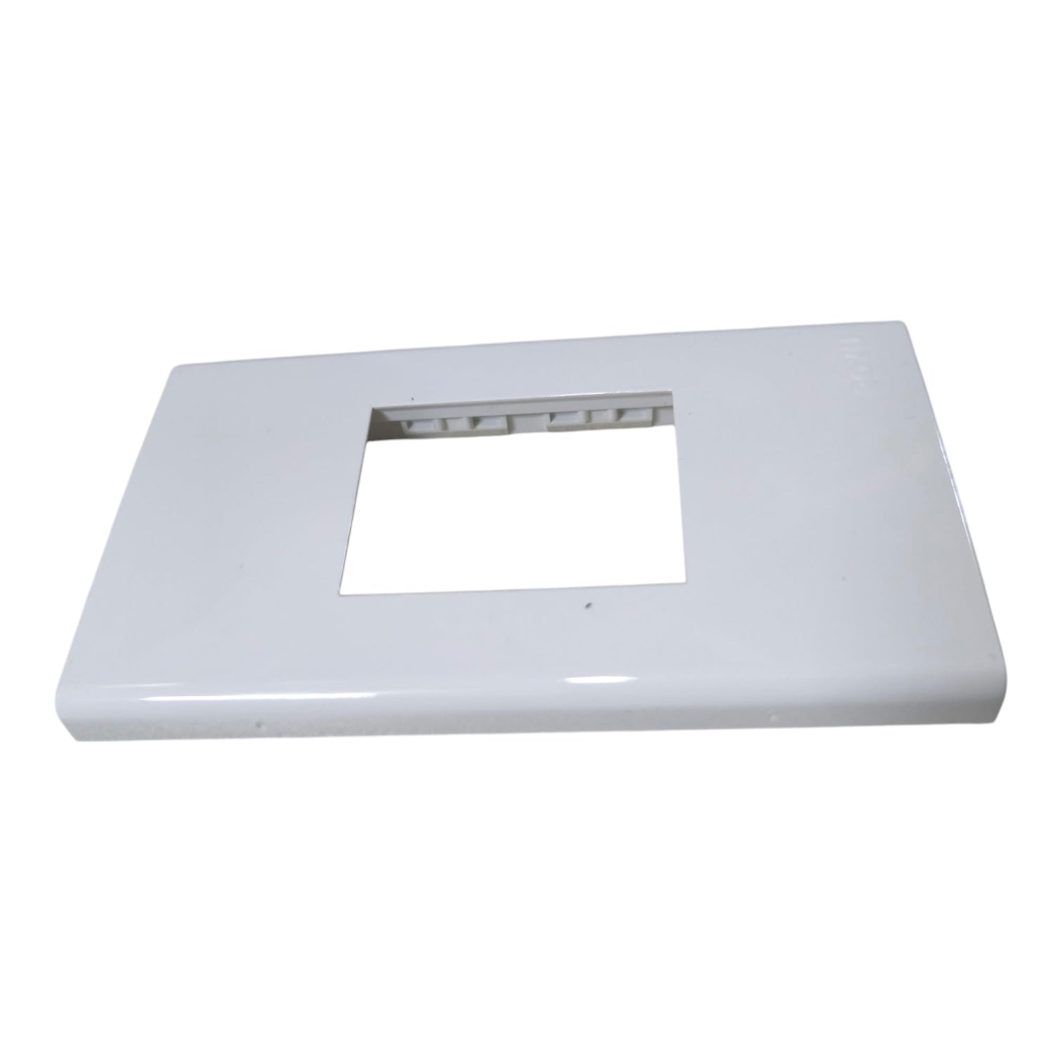 A glossy white rectangular plastic cover plate with a square cutout in the center, shown on a plain white background.